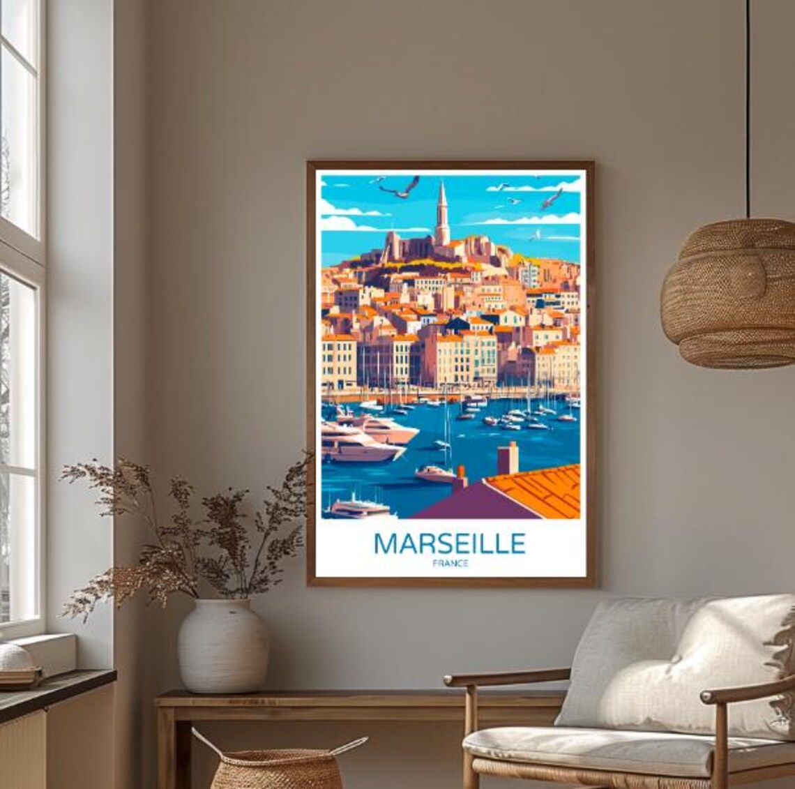 Marseille France Old Port Harbor Boats Basilica Hill Scene Poster - Image 3