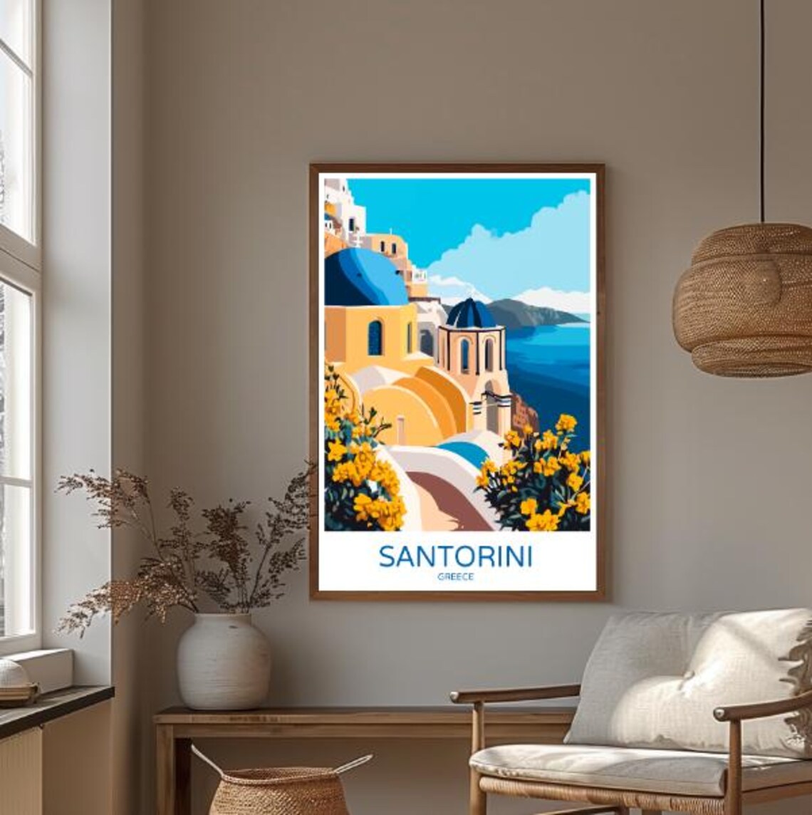 Santorini Greece Blue Domes Yellow Flowers Caldera View Travel Poster - Image 3