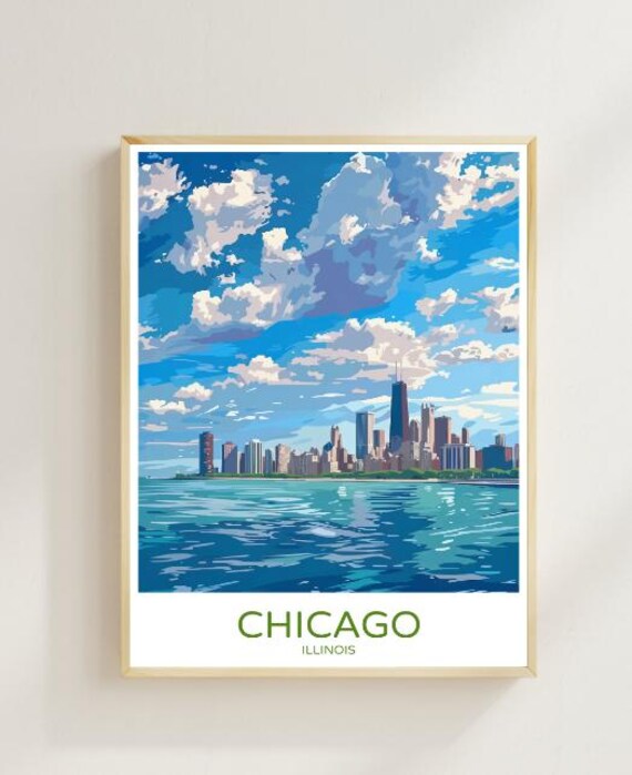 Chicago Illinois Skyline Travel Poster With Lake Michigan View