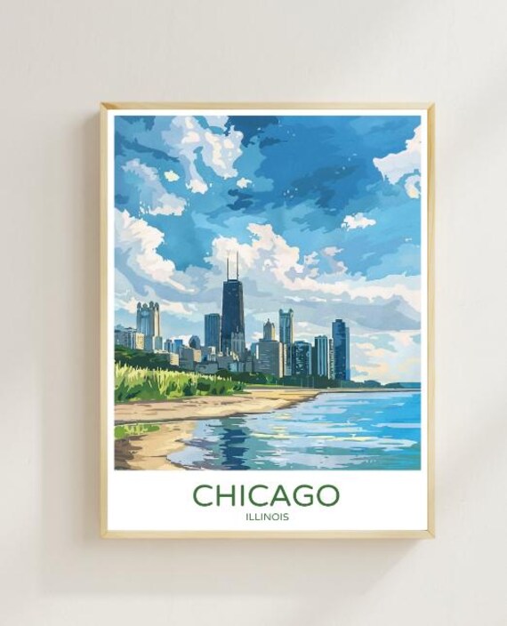 Chicago Illinois Lake Michigan Skyline Beach Retro Travel Poster