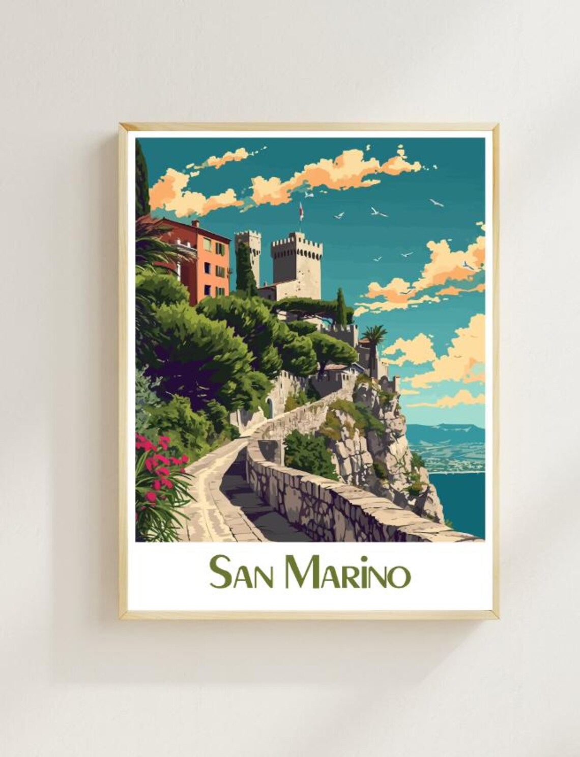 San Marino Hilltop Cliff Castle Mediterranean City Travel Poster