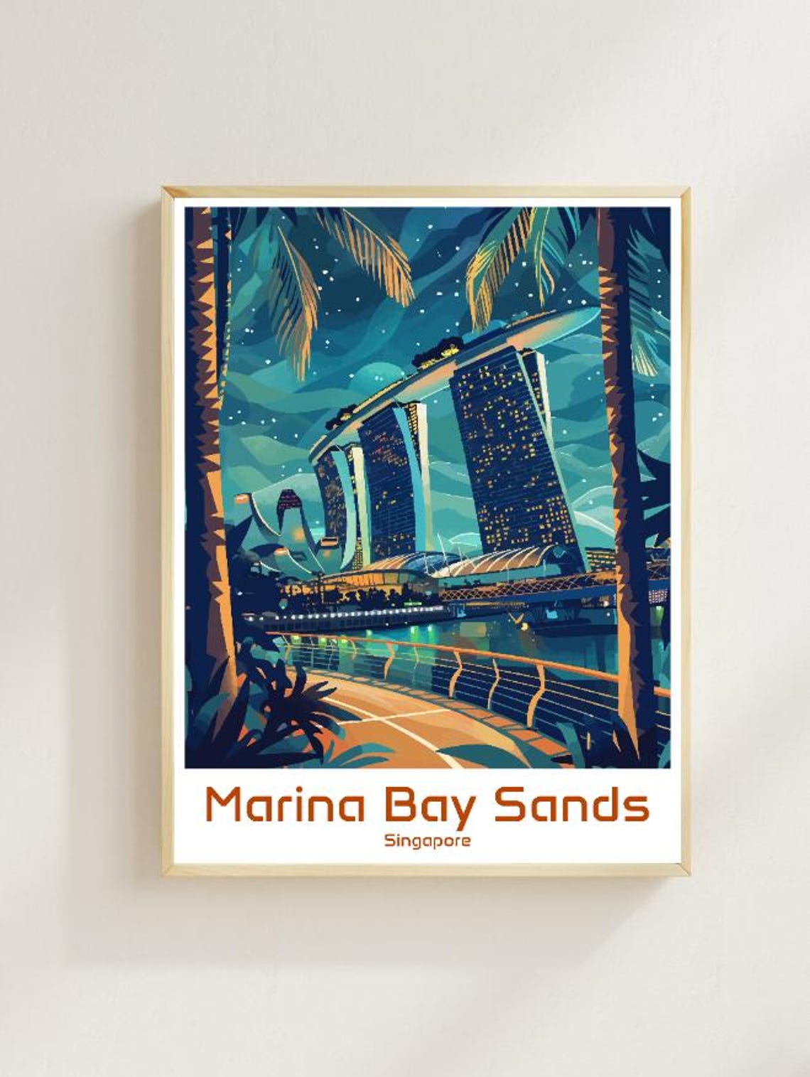 Marina Bay Sands Singapore Skyline Night Scene with Palm Trees Poster