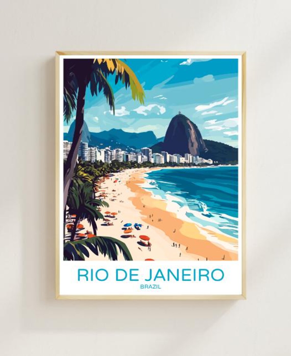 Rio de Janeiro Brazil Travel Poster Beach Palms and Mountain Coastline