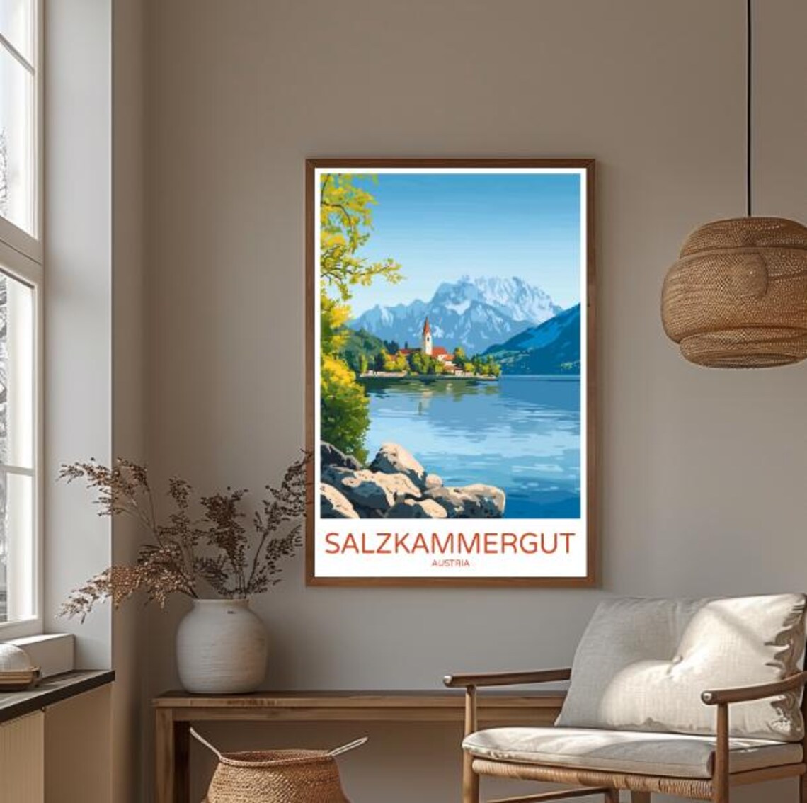 Salzkammergut Austria Travel Poster Alpine Lake Village and Church - Image 3
