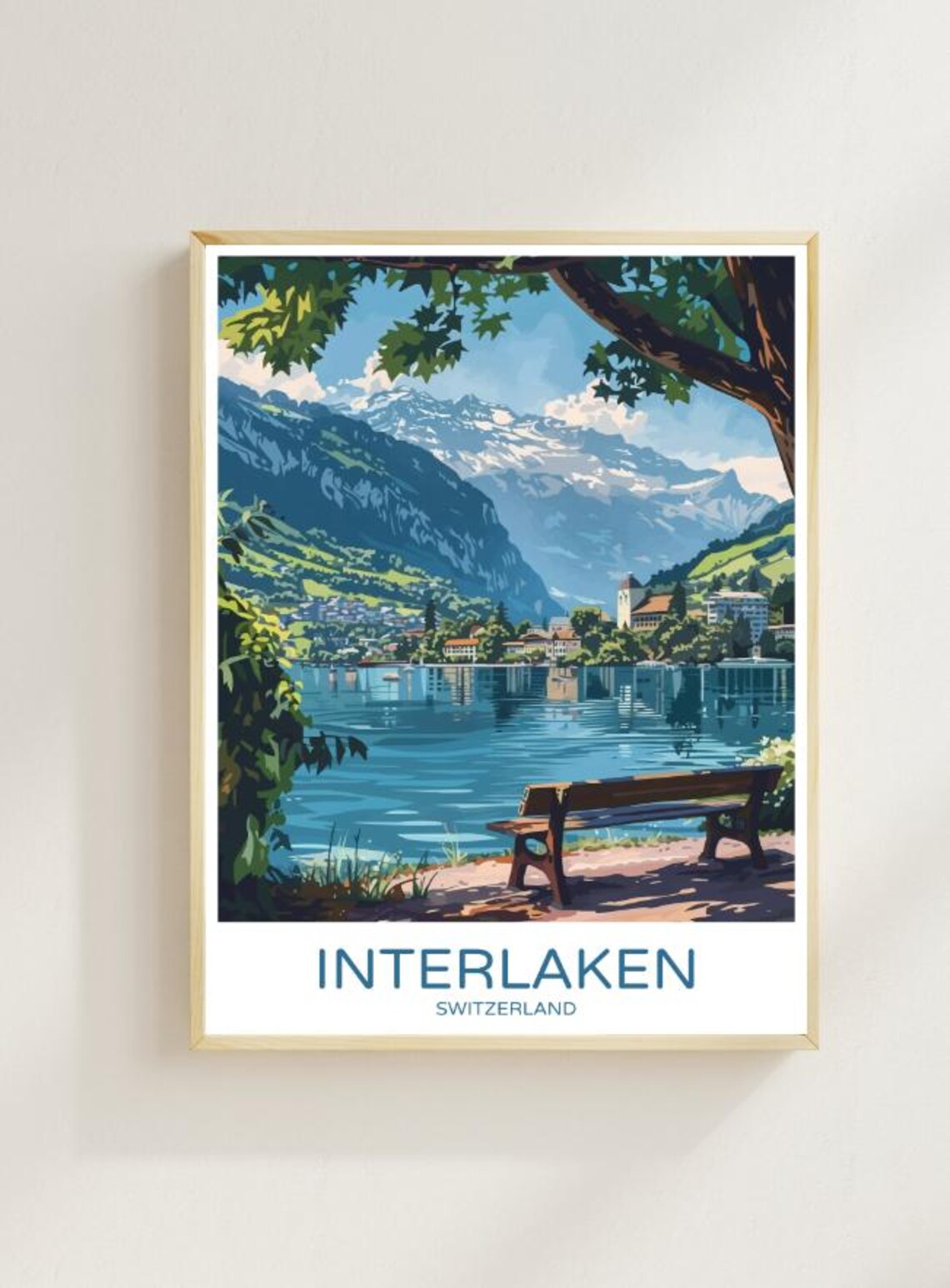 Interlaken Switzerland Lake Bench Snowy Peaks Lakeside Travel Poster