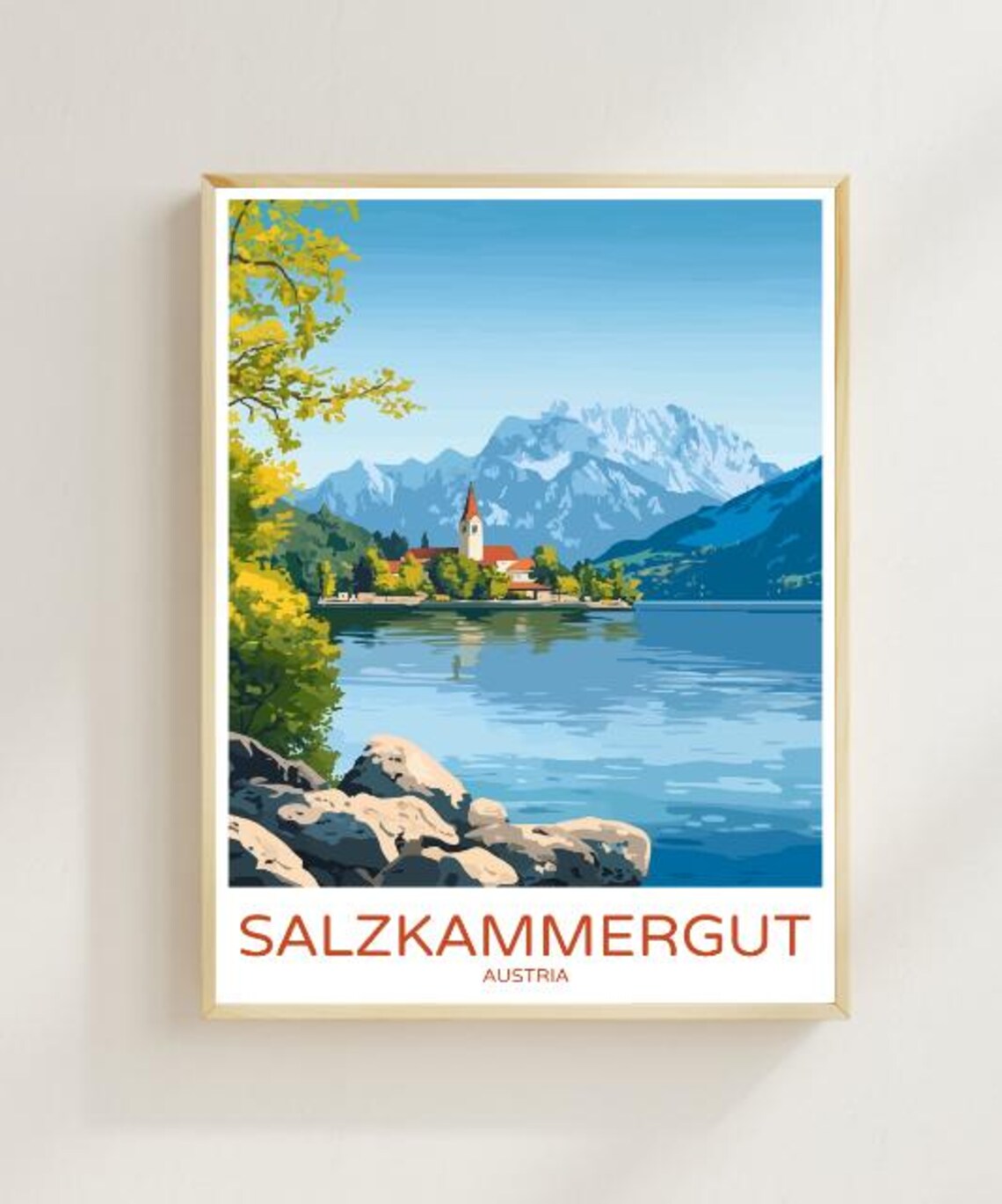 Salzkammergut Austria Travel Poster Alpine Lake Village and Church