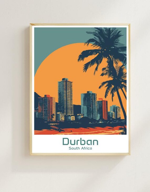 Durban South Africa Beachfront Sunset Palm Skyline Travel Poster