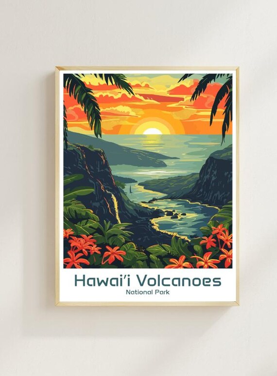 Hawaii Volcanoes National Park Tropical Coast Sunset Travel Poster