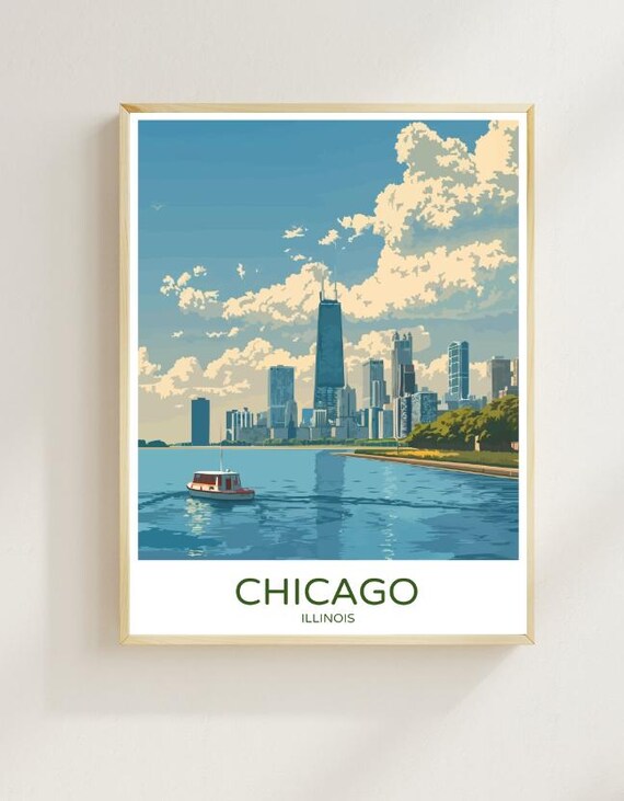 Chicago Illinois Modern Skyline Lake Boat Vintage City Travel Poster