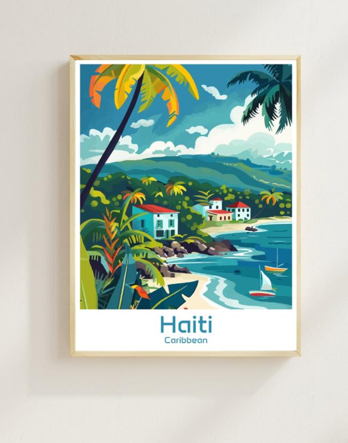 Haiti Caribbean Tropical Coast Palm Trees Vintage Travel Poster