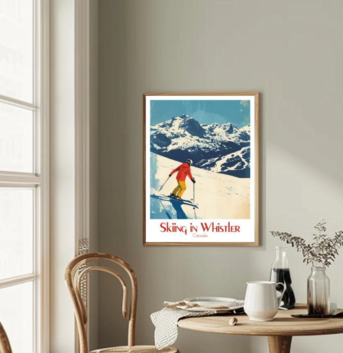 Skiing in Whistler Retro Skier on a Sunny Snowy Slope Poster - Image 2