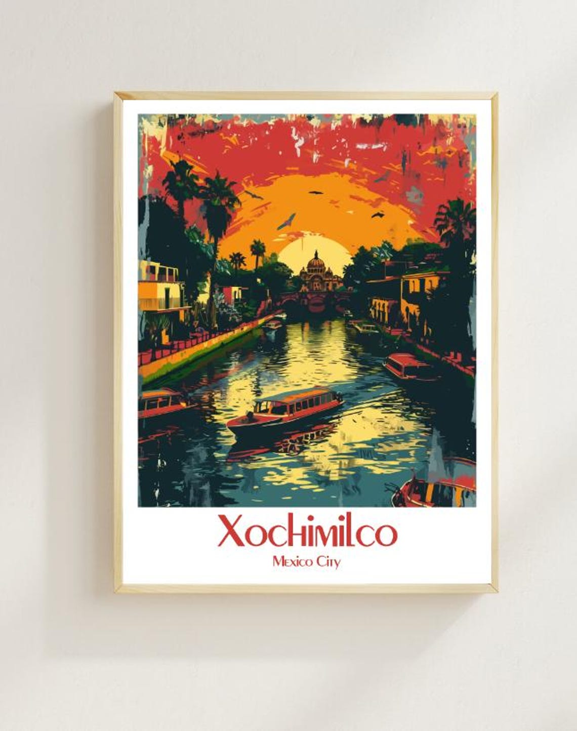 Xochimilco Canal Boats Under a Blazing Sunset in Mexico City Poster
