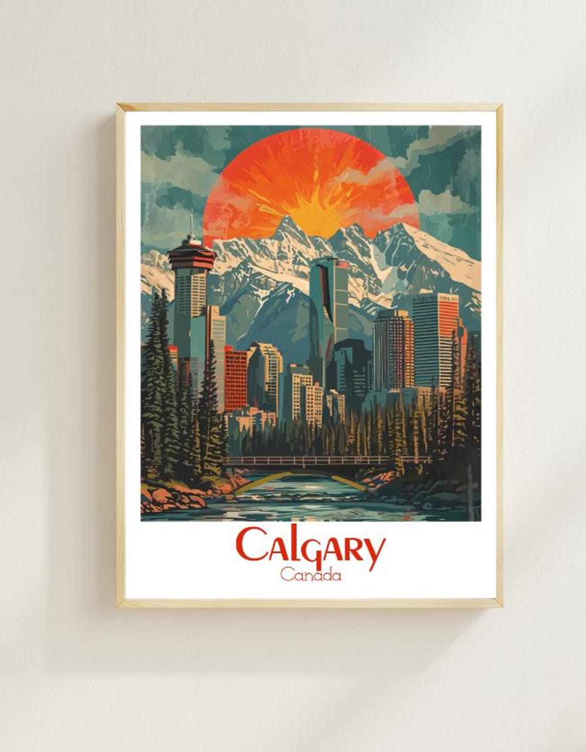 Calgary City Skyline Before Snowy Rocky Mountains at Sunset Poster