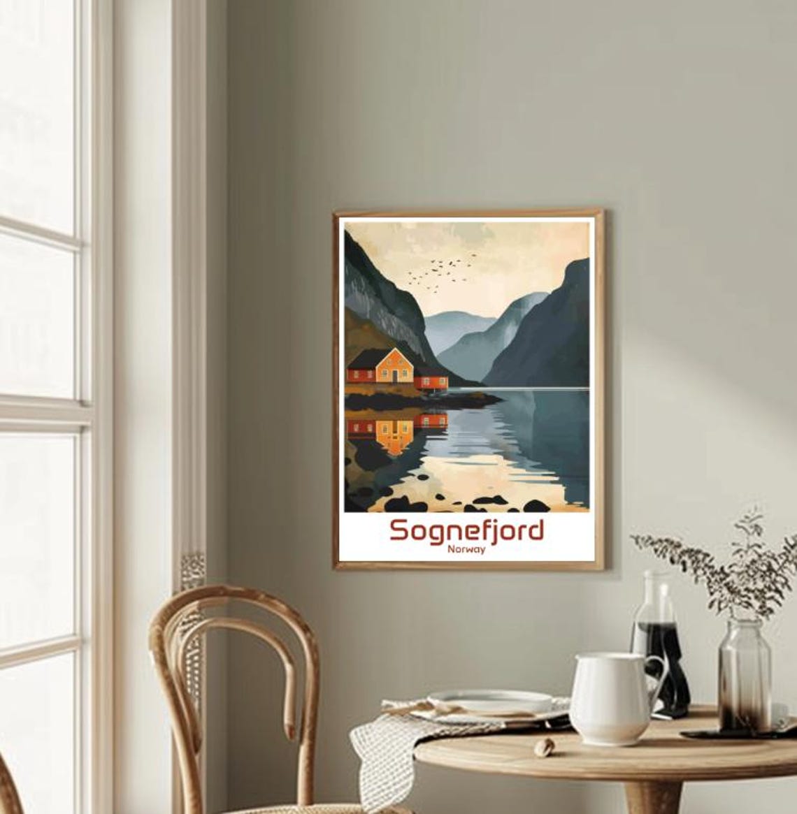 Sognefjord Norway Red Cabins on Fjord Reflection Travel Poster - Image 2