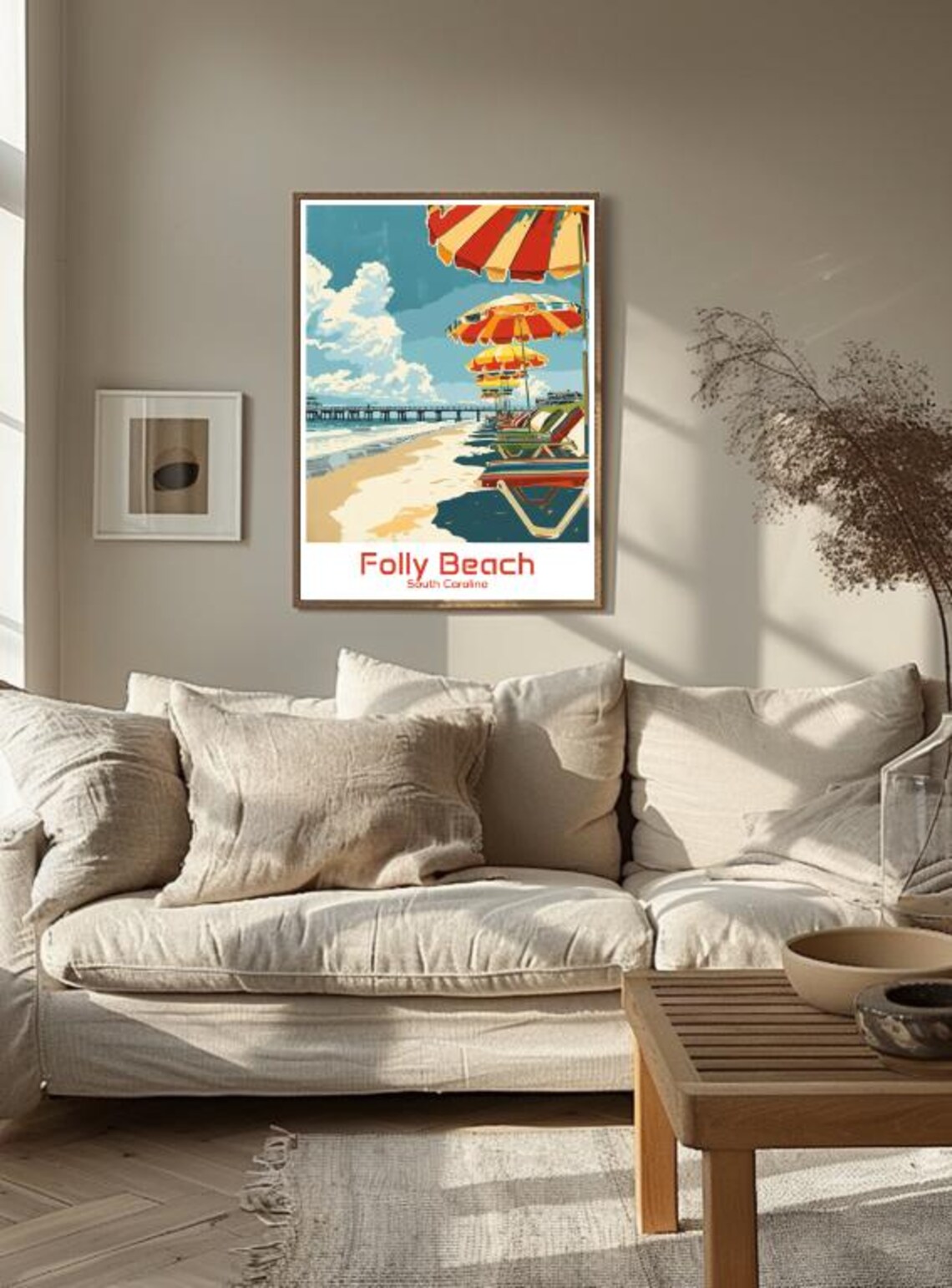 Folly Beach South Carolina Vintage Travel Pier Umbrellas Poster - Image 3