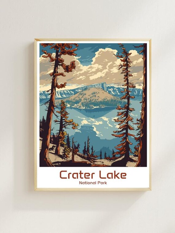 Crater Lake National Park Deep Blue Caldera Pines Vintage Poster