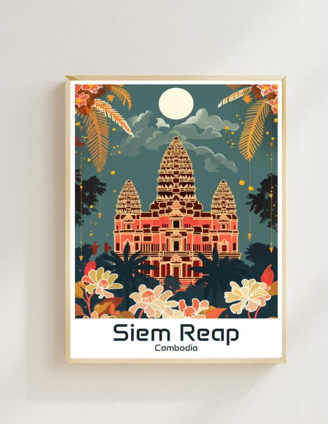 Siem Reap Cambodia Angkor Wat Temple Night Floral Travel Poster