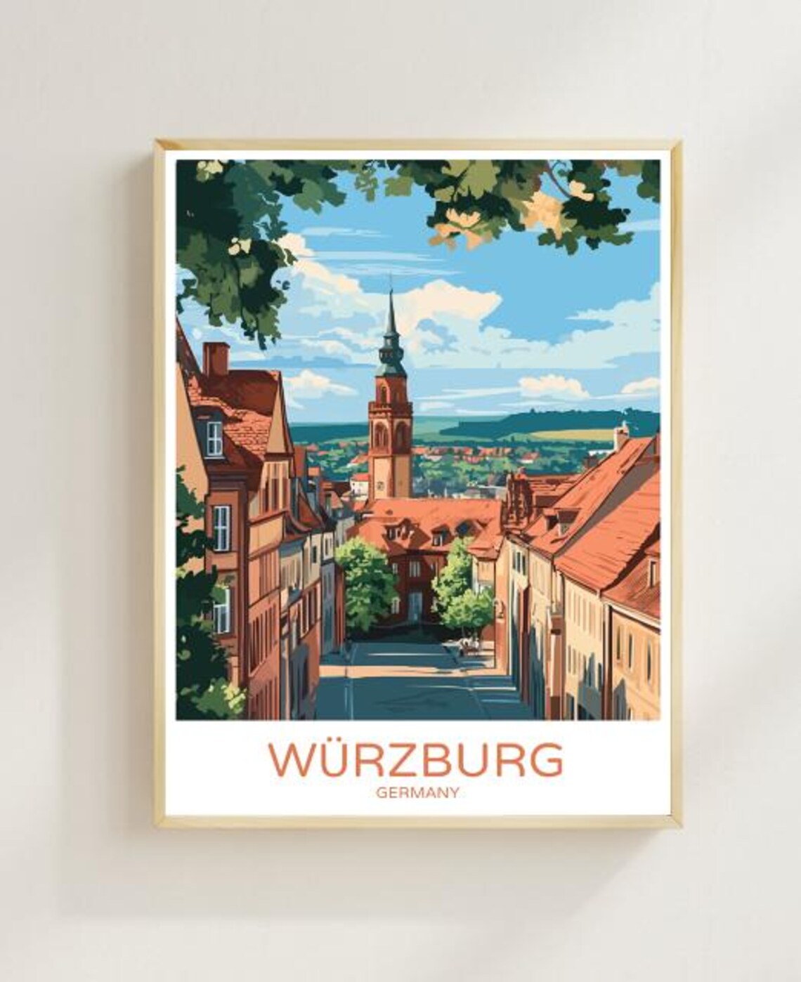 Wurzburg Germany Travel Poster Old Town Red Roofs Church Tower View Decor