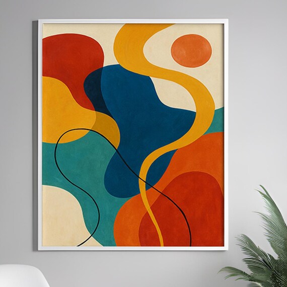 Colorful Abstract Shapes Canvas Wall Art Mid Century Modern Geometric Painting For Contemporary Living Room Or Office Decor