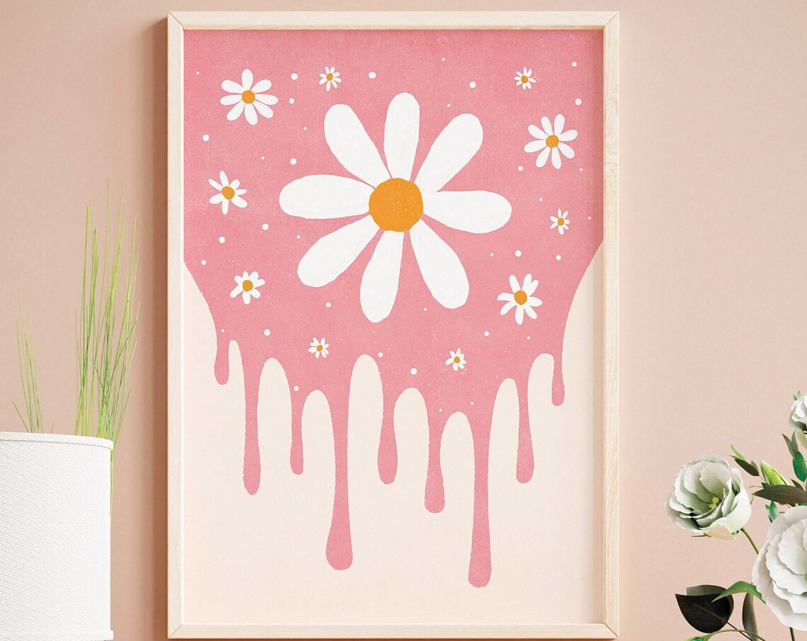 Pink Daisy Retro Melting Floral Groovy Nursery Bedroom Art Poster - Image 2