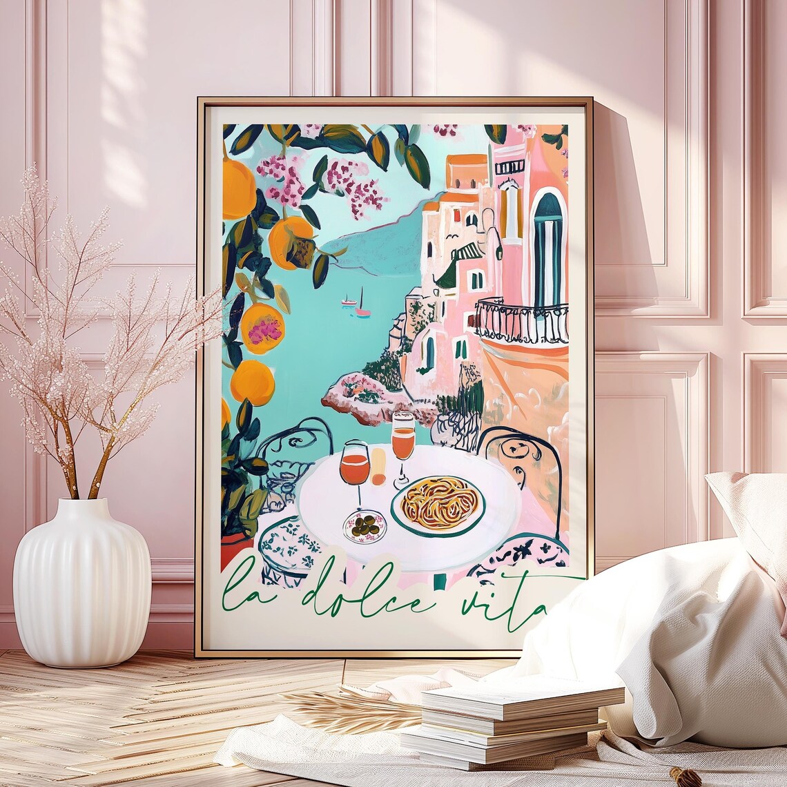 La Dolce Vita Amalfi Terrace Pasta Spritz Lemons Italy Travel Poster