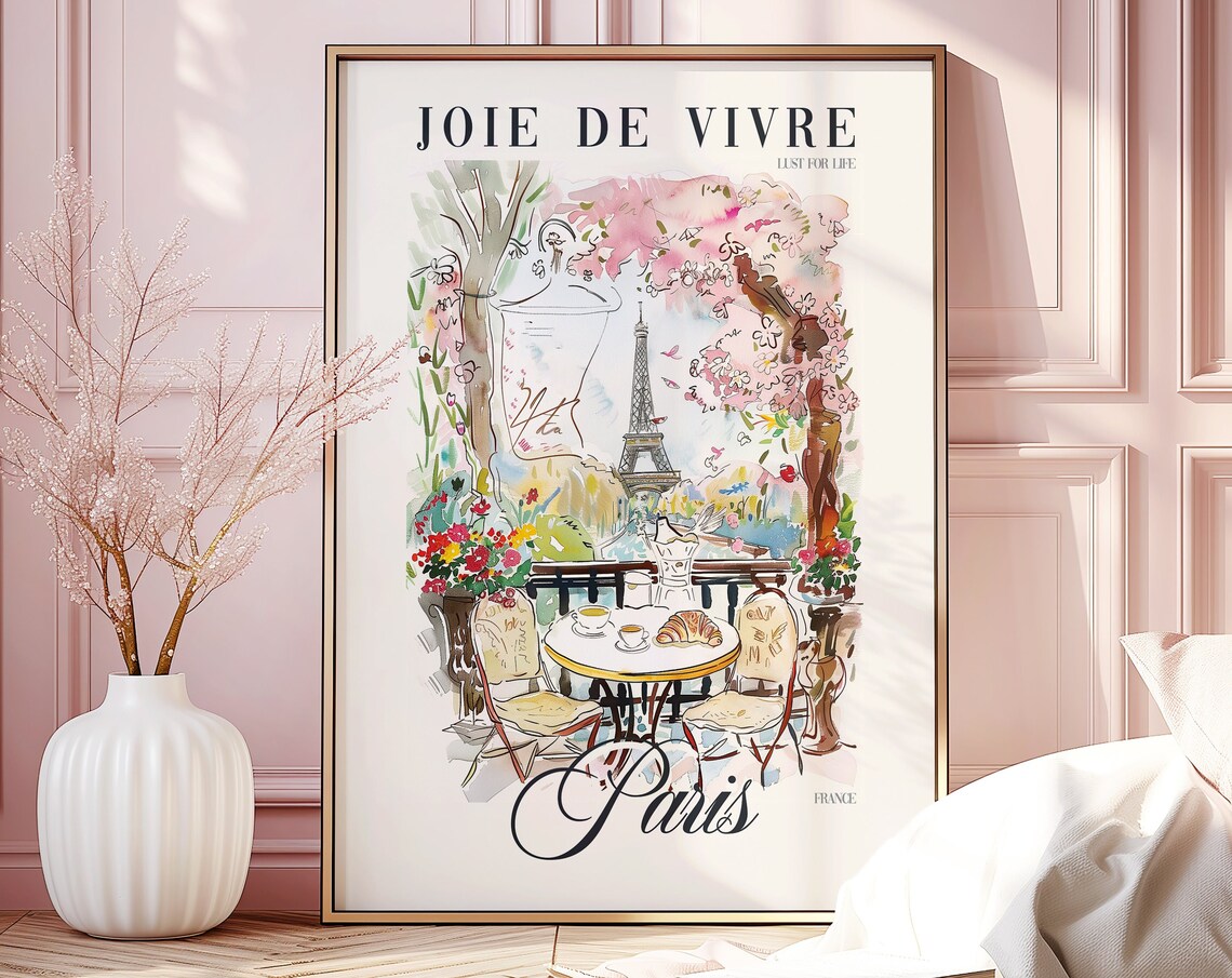 Paris France Joie De Vivre Cafe Eiffel Tower Watercolor Poster