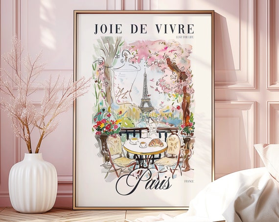Joie De Vivre Paris France French Saying Wall Art Print Hand Drawn Eiffel Tower Cafe View Painting Coffee Croissant