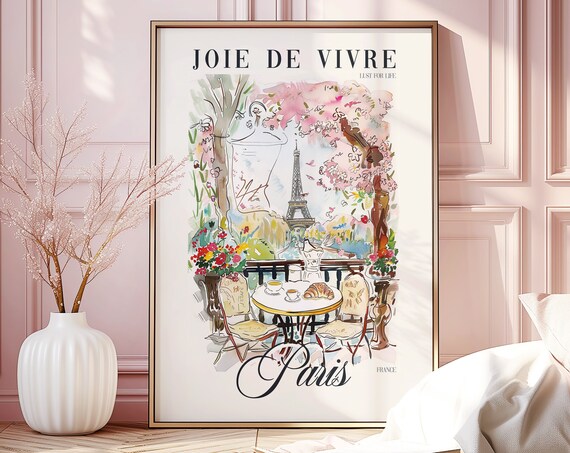 Paris France Joie De Vivre Cafe Eiffel Tower Watercolor Poster
