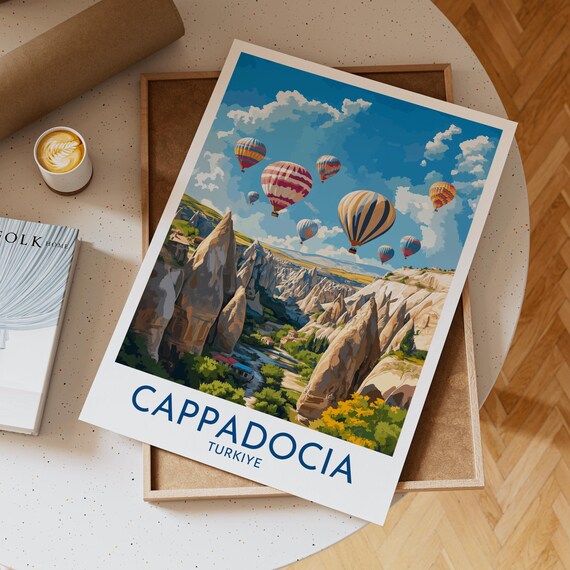 Cappadocia Turkiye Hot Air Balloons Fairy Chimneys Vintage Travel Poster