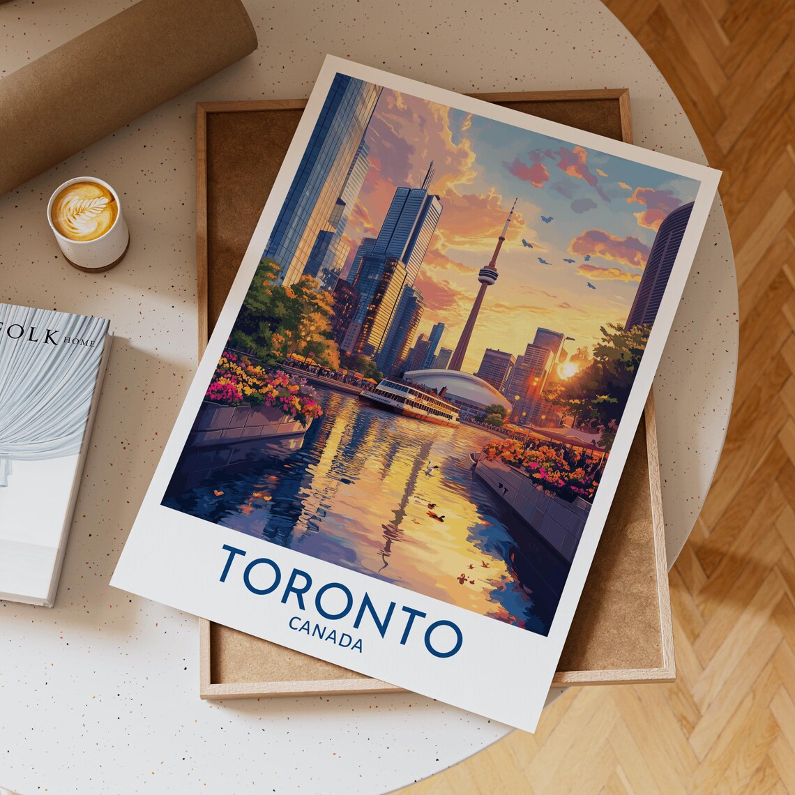 Toronto Canada Vintage Travel Poster CN Tower Harbor Sunset Art