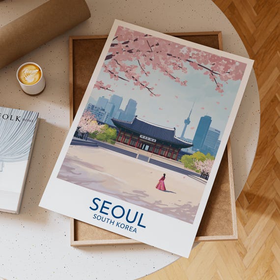 Seoul Poster Asian Wall Art Hanbok Girl Print Korean Traditional Palace Cherry Blossom Decor Traveler Gift