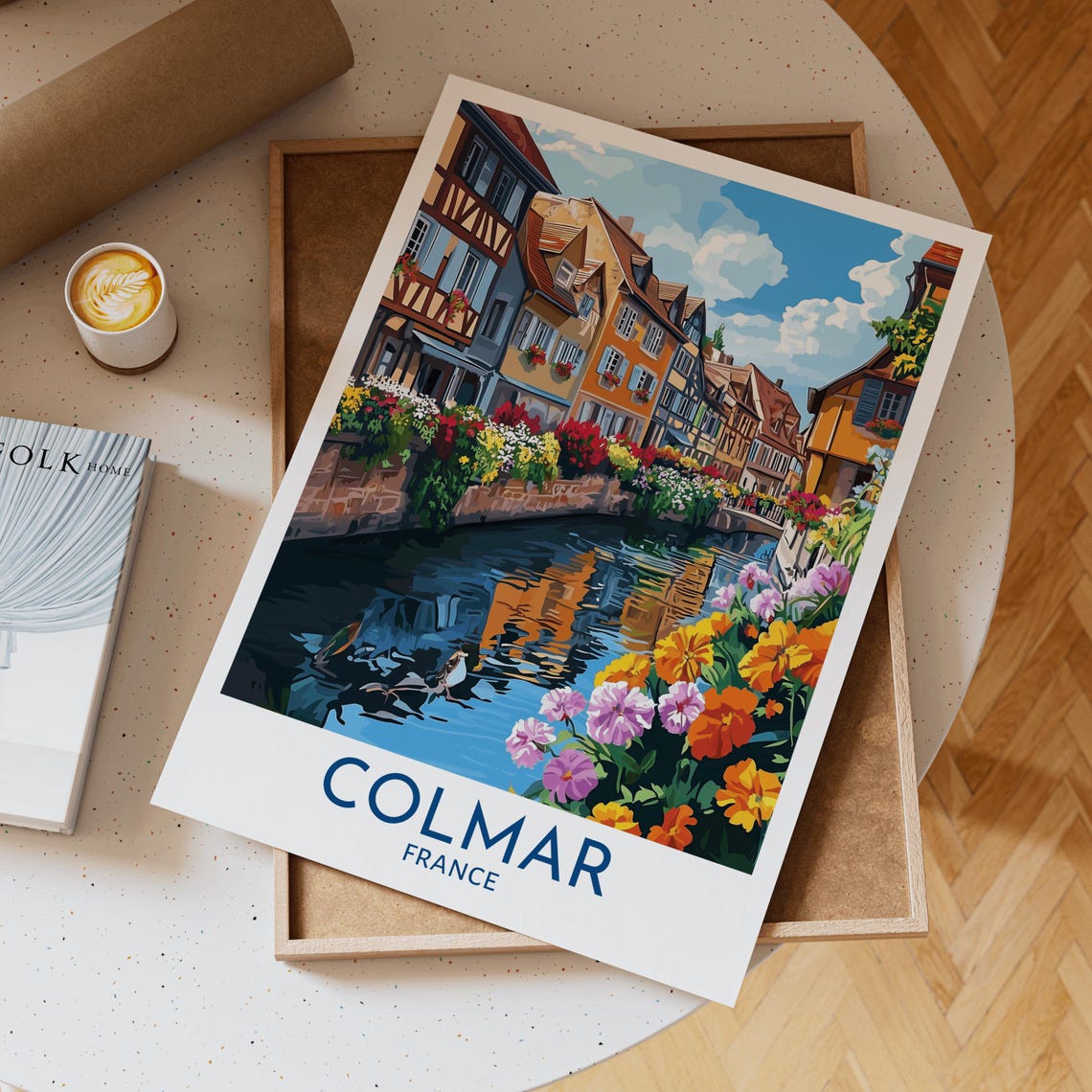 Colmar France Minimalist Travel Poster Featuring Colorful Half Timbered Houses And Flowers Along Scenic Canal In Alsace Village