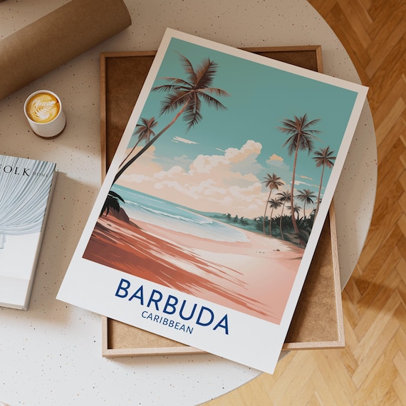 Barbuda Caribbean Turquoise Beach Curved Pink Shore Travel Poster