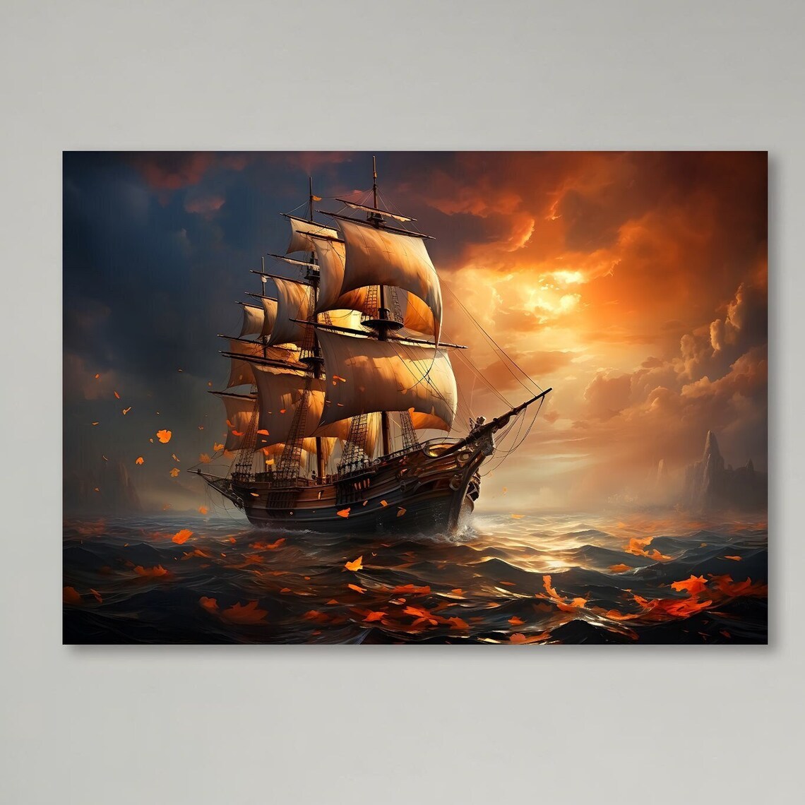 Epic Sailing Ship Art Print, Dramatic Ocean Painting