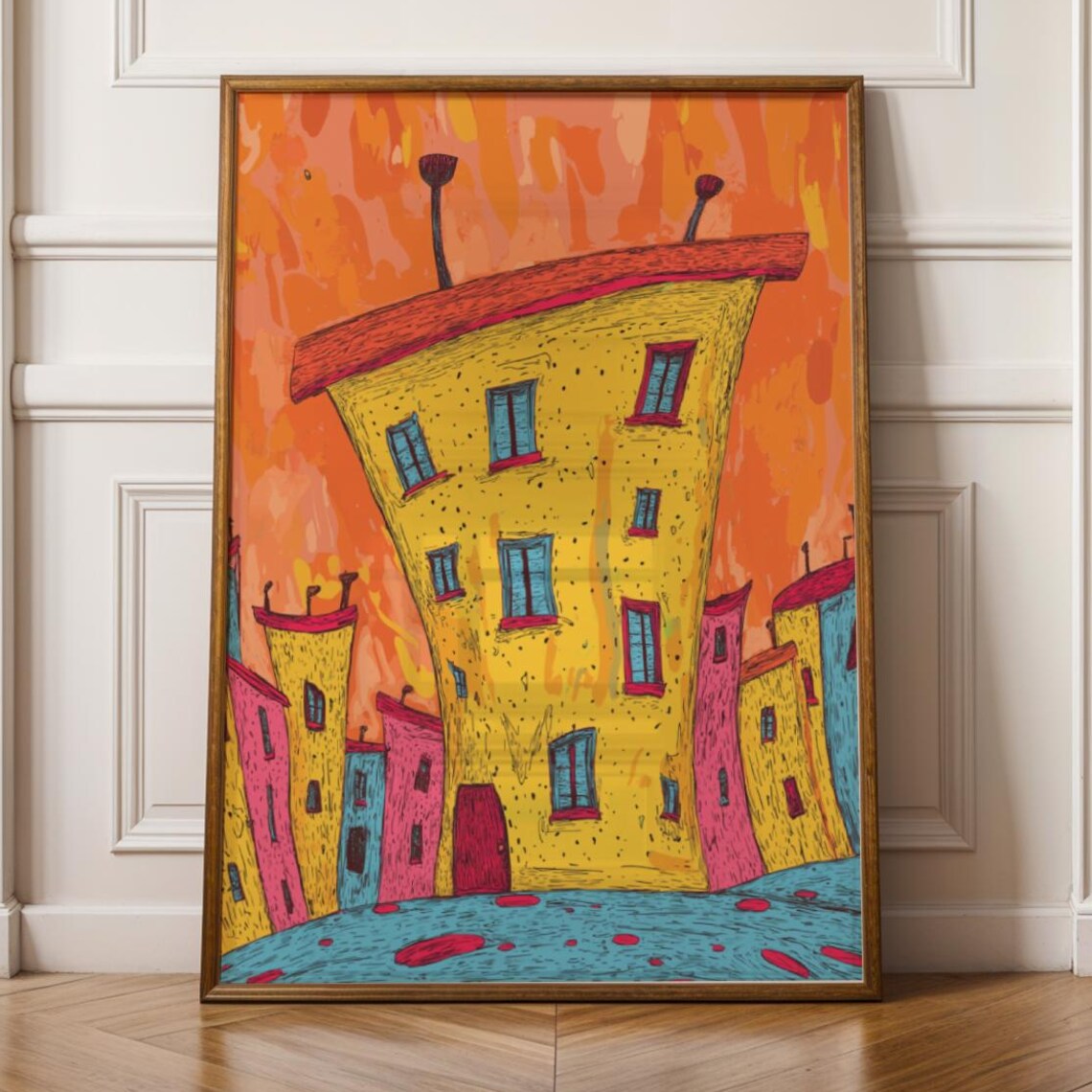 Whimsical Colorful Village Houses Orange Sky Folk Art Wall Print