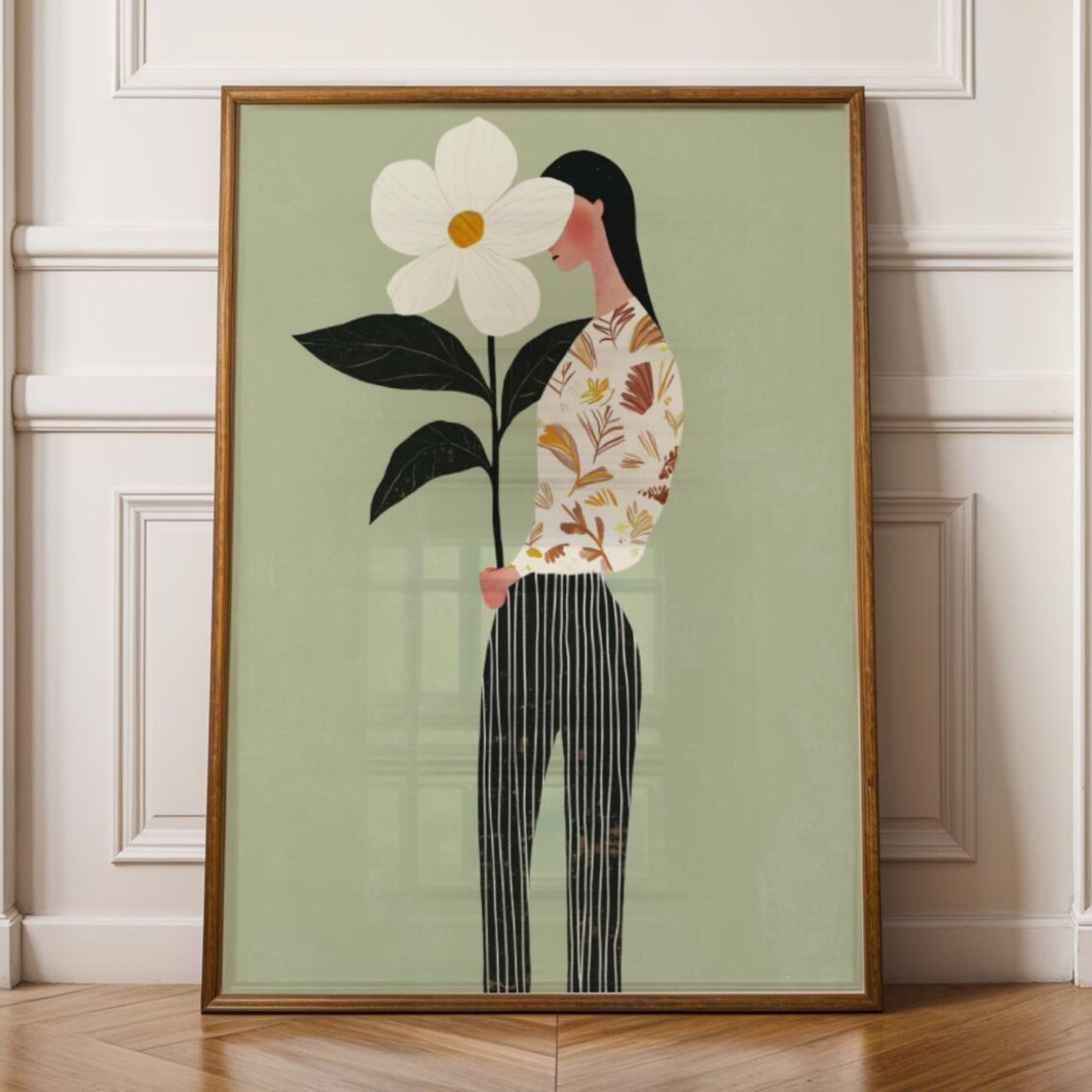Abstract Floral Woman Portrait Print Striped Minimalist