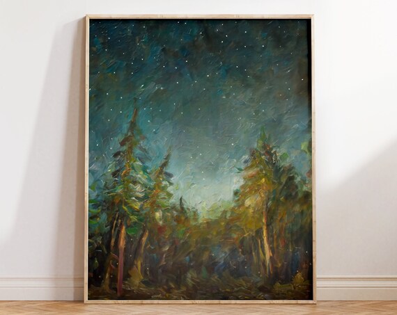 Starry Night Sky Print Stargazing Artwork Moody Pine Tree Forest Art