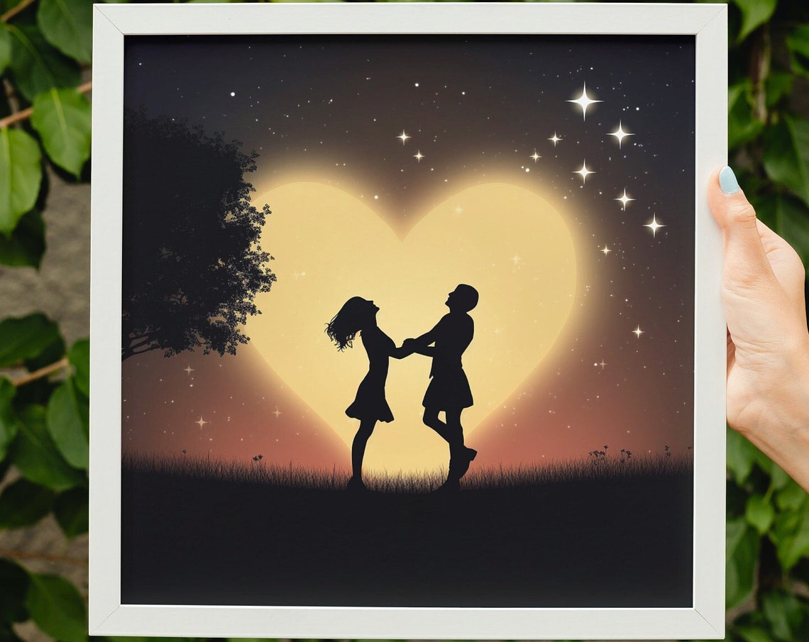 Couple Dancing Silhouette Heart Moon Romantic Night Love Wall Poster