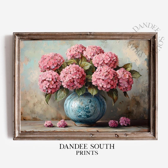 Pink Hydrangea Oil Painting Wall Art Floral Farmhouse Decor Vintage Botanical Neutral 042