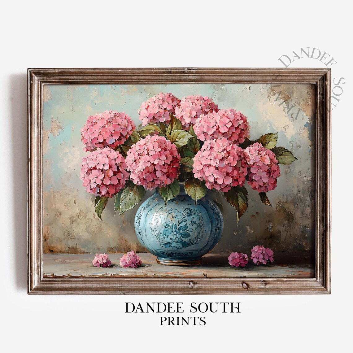 Pink Hydrangea Oil Painting Blue Vase Vintage Floral Farmhouse Poster