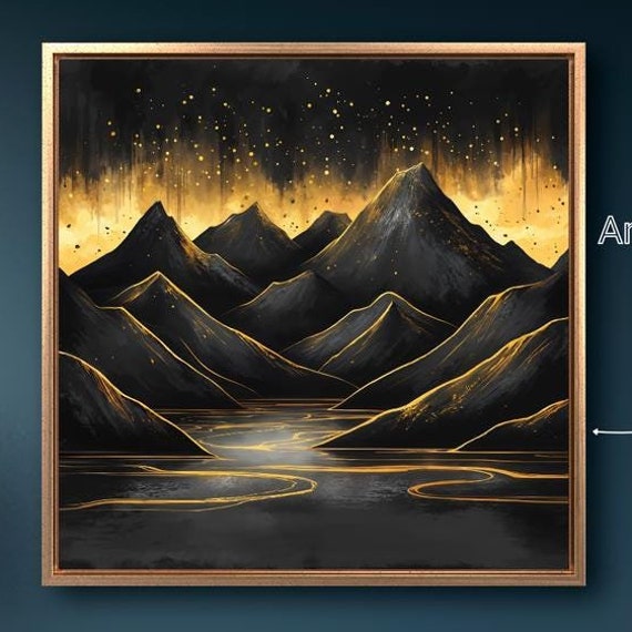 Surreal Mountains Under Starry Sky Framed Wall Art Abstract Landscape Painting Print Modern Decor Black Gold Artwork Ready To Hang