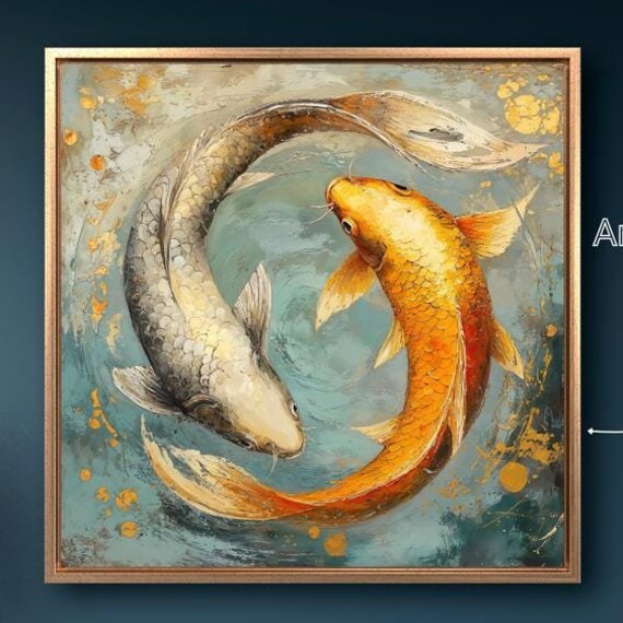 Yin Yang Koi Fish Pair Golden Orange Silver Painting Feng Shui Poster