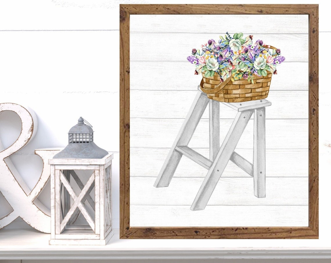Basket of Spring Wildflowers on Distressed White Ladder Poster