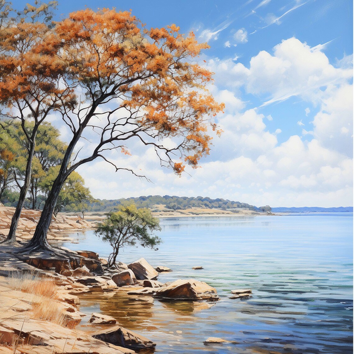 Lake Granbury Texas Lakeshore Trees Calm Water Scenic Travel Poster - Image 4