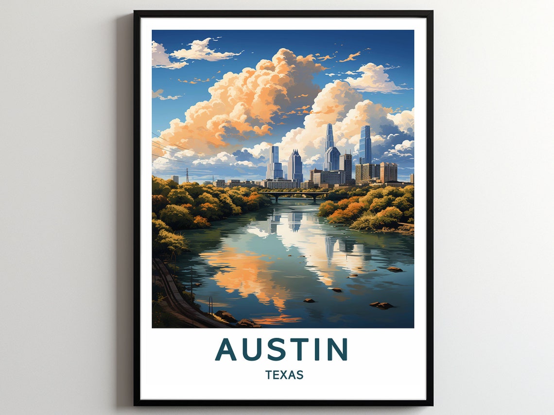 Austin Texas Downtown Skyline River Sunset Scenic Travel Poster