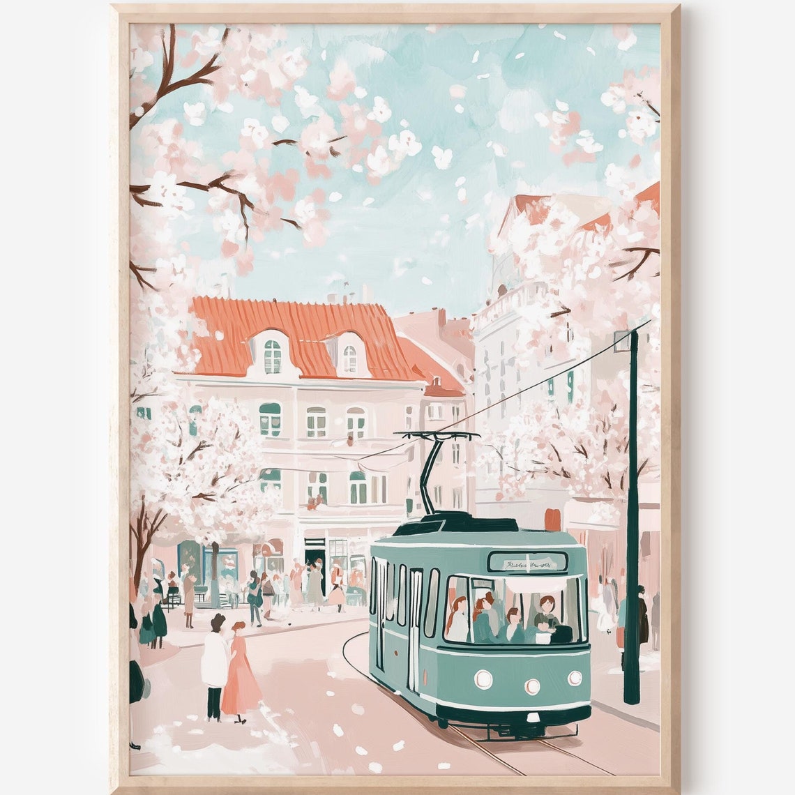 Spring Cherry Blossom Tram City Street Scene Pastel Travel Poster
