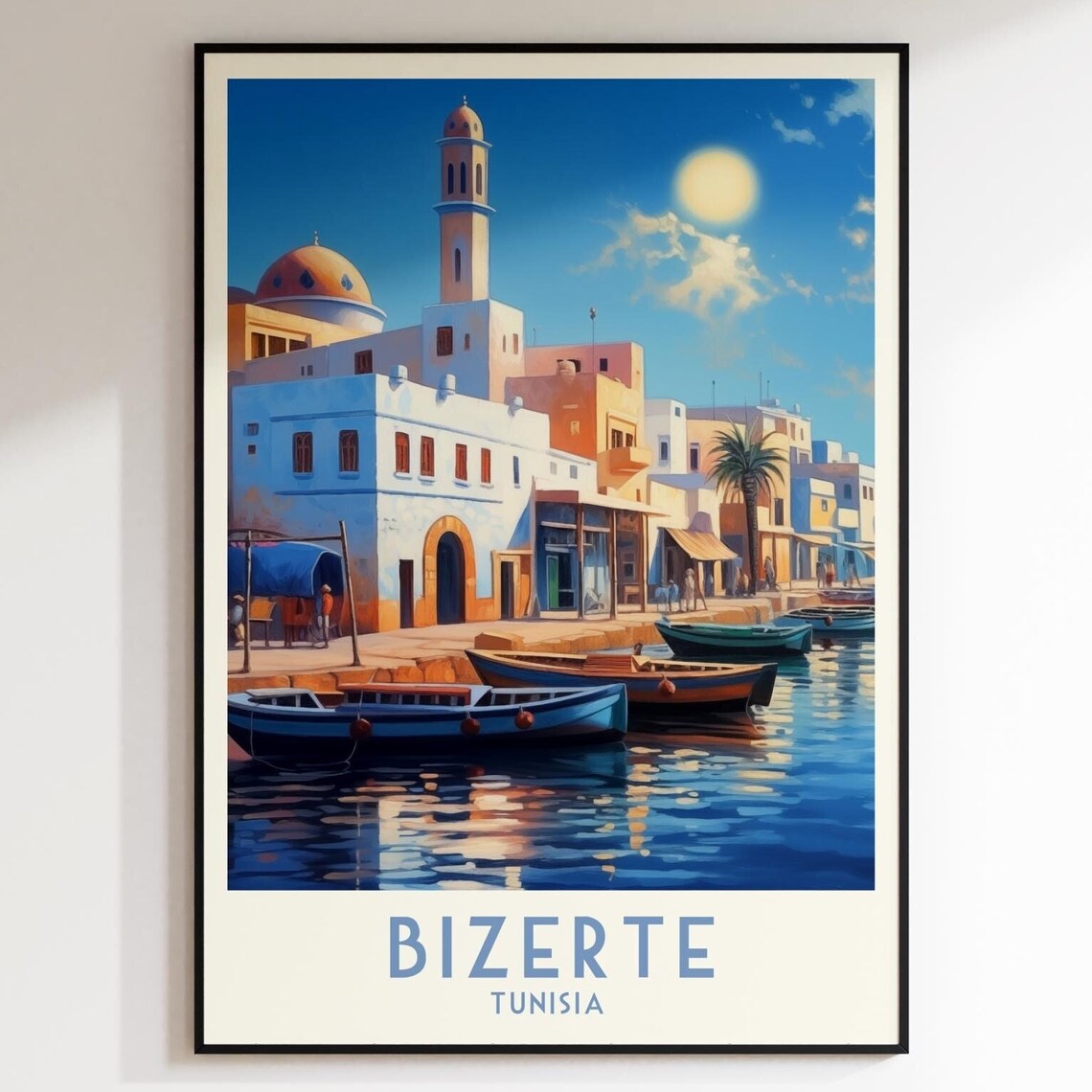 Bizerte Tunisia Old Harbour Boats Mosque Sunset Travel Poster