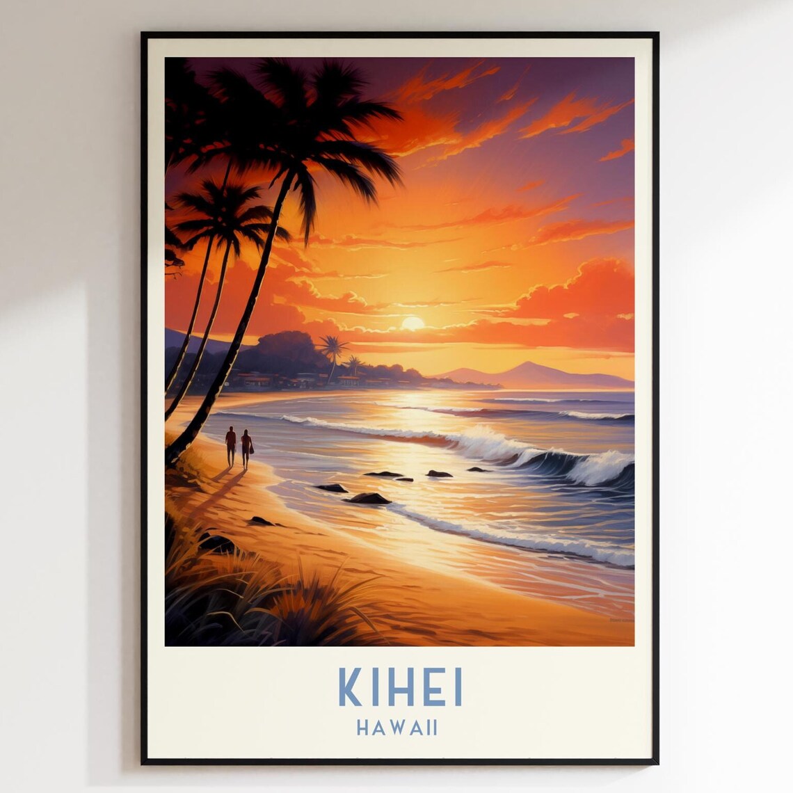 Kihei Hawaii Sunset Beach Palm Silhouette Maui Travel Poster