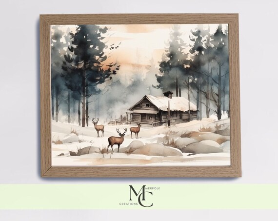 Watercolor Winter Cabin With Deer In Snowy Pine Forest Landscape Poster