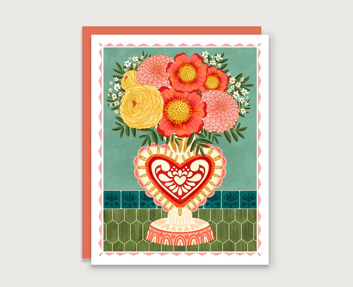 Heart Vase Bouquet Art Print, Floral Home Decor